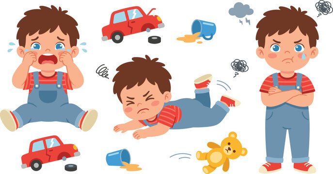 Cute Cartoon Boy Character Emotion Vector Set With Crying Angry And Tantrum Poses Plus Broken Toy Car And Spilled Drink For Child Psychology Designs