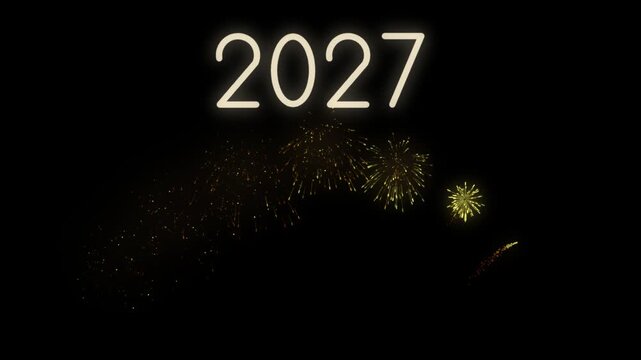 New Year 2027 with a row of small gold fireworks bursting one after another in an arc from left to right below glowing cream digits, their sparks fading to leave the text alone on black