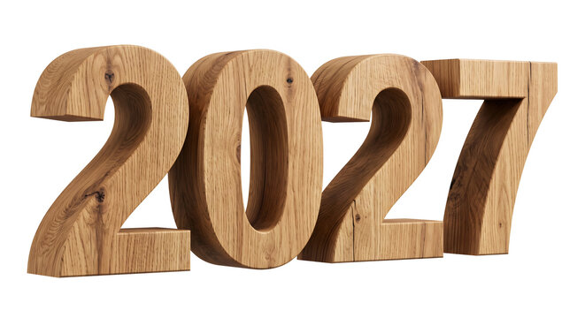 Wooden 2027 text digits three dimensional numbers for new year celebration and calendar concept.