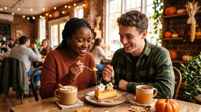 Happy interracial couple sharing pumpkin cheesecake with ghost decorations and warm drinks in a cozy autumn cafe