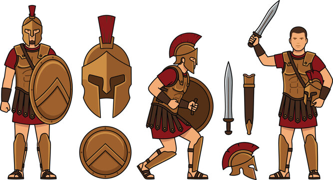 Ancient Roman Soldier And Spartan Warrior Vector Element Set Featuring Gladiators In Bronze Armor With Shield Helmet And Sword For Historical Graphic Designs