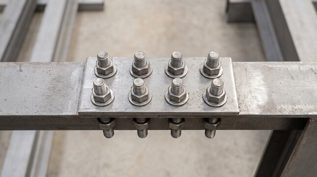 Top down close up of steel beam splice connection with clean bolts and flat splice plate in bright industrial setting