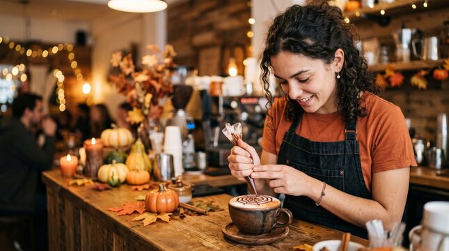 Smiling female barista decorating coffee foam with a chocolate spiderweb in a cozy cafe with autumn pumpkins. Perfect for Halloween