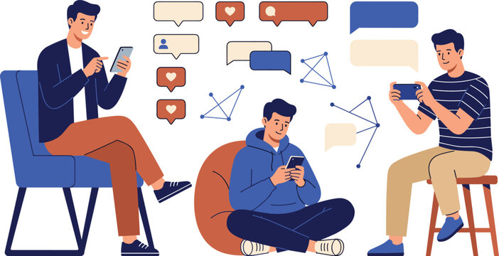 Young Men Using Smartphones Vector Set With Male Characters Chatting Online Gaming Browsing And Social Media Networking For Mobile Application Designs
