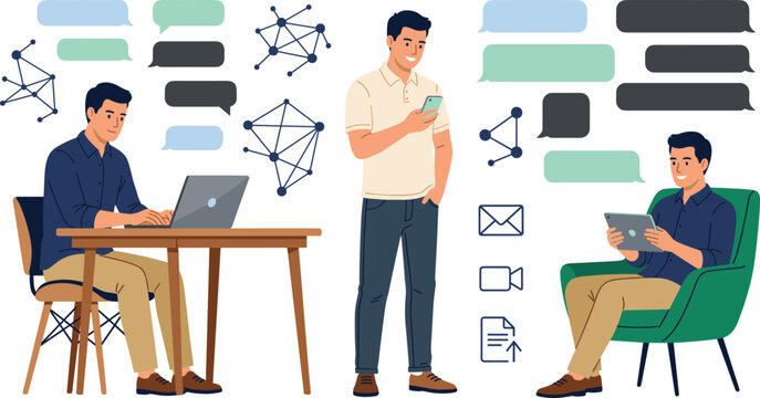Business Man Remote Working Vector Set With Male Character Sitting Laptop Standing Smartphone Chatting And Online Networking For Corporate Website Designs