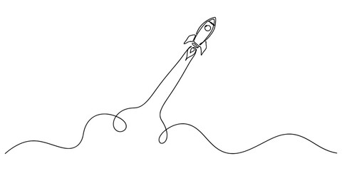 Rocket launch continuous line drawing with smoke trail for startup business success and space exploration growth theme. © Ponchomy