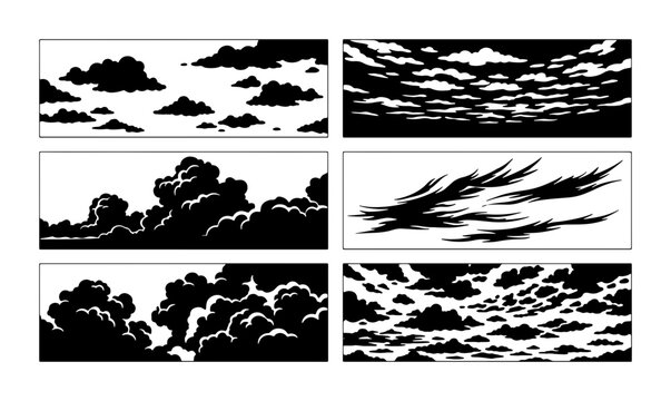 Cloud silhouettes set with dramatic cumulus formations and wispy stratus for weather design