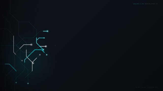 Clean minimalist corporate technology circuit traces glowing in cyan and white on dark slate background, 70 percent negative copyspace for title logo reveal and corporate video in 4K