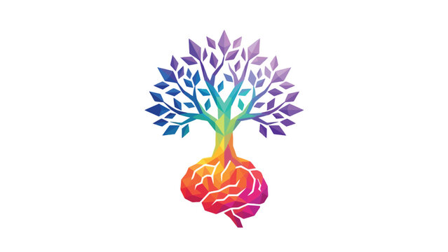 Vibrant geometric tree merging into human brain showing intelligence and nature connection with colorful gradients