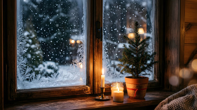  Snowy window with candles and small Christmas tree, winter landscape outside, cozy evening, clean shot no text.