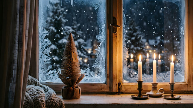  Snowy window with candles and small Christmas tree, winter landscape outside, cozy evening, clean shot no text.
