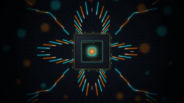 Quantum CPU microchip processor with pulsating glowing core on black, radiating cyan and orange electronic bus tracks with fast moving data pulses for computer hardware visual in 4K