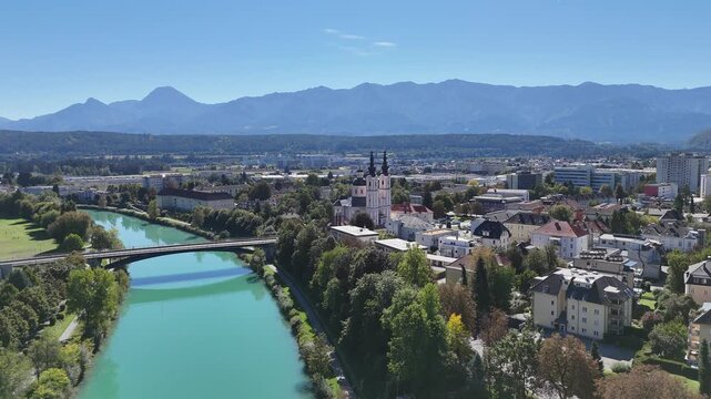Aerial Drone View of Villach Austria &ndash; Alpine Cityscape and Mountain Panorama