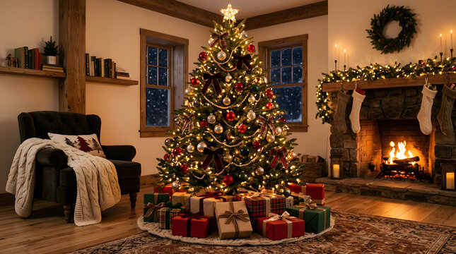  Decorated Christmas tree in cozy living room with gifts and soft light, clean festive interior without text.
