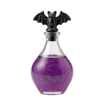 Glass bottle with purple magic potion and black bat stopper