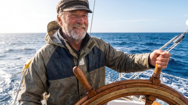 Mature male sailor smiling while steering wooden ship wheel on blue