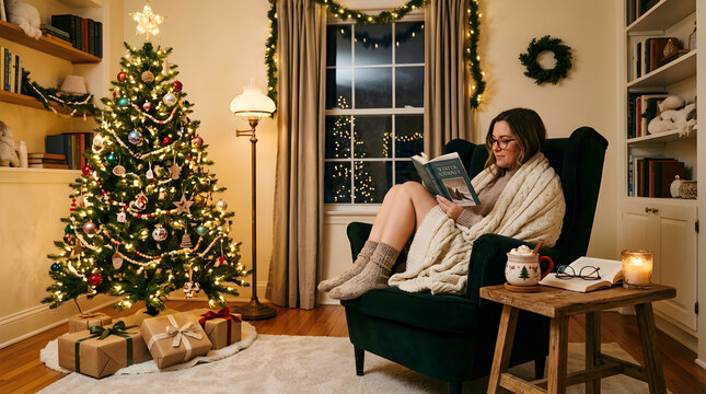 Cozy reading nook with cocoa and Christmas tree, festive evening, soft blanket, clean interior no text.