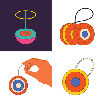 Yo Yo Toy Game, Colorful Spinning Wooden Toy, Children Entertainment, Childhood Recreation, Nostalgic Fun, Playful Vector Illustration