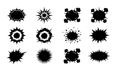12 Explosion and comic burst silhouettes set with smoke and starburst shapes for design © Rana