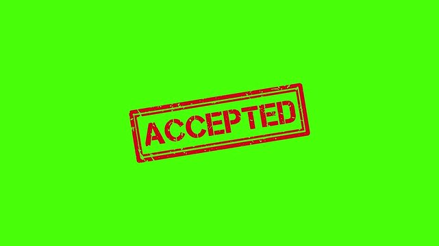Red accepted rubber stamp effect on green screen background, for business approval, and validation