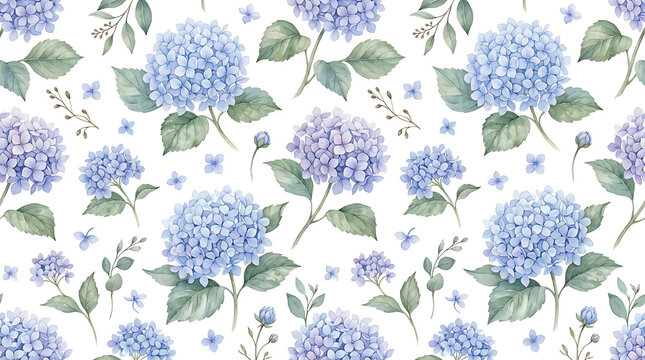 Watercolor Hydrangea Botanical Pattern Seamless Background with Blue Floral Blooms and Green Leaves
