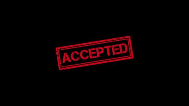Red accepted rubber stamp animation on black background, for business approval, and control approved