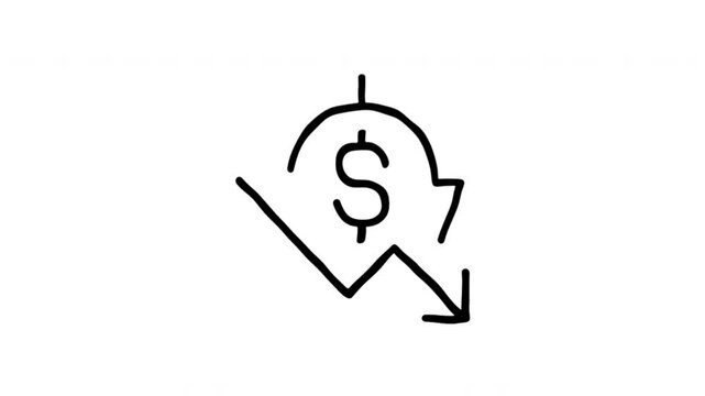 Dollar Sign For Financial Loss And Falling Revenue Wiggle Doodle Animation With Alpha Channel. Currency Symbol And Market Decline, Transparent Background. 4K Loop Hand Drawn Icon.
