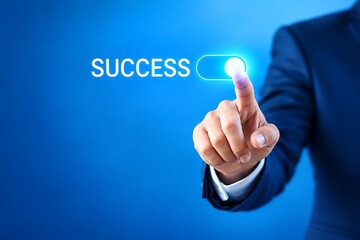 Obraz premium Businessman hand pressing a virtual success switch button on blue background