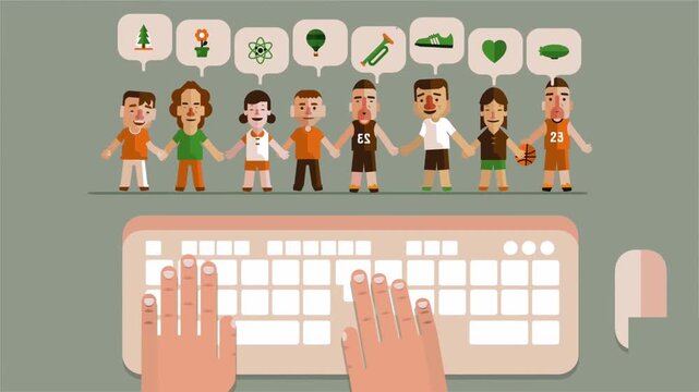 Hands typing on computer keyboard below cartoon diverse people holding hands in animated video footage