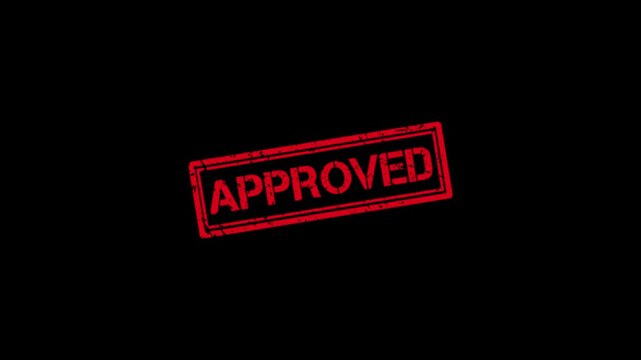 Red approved rubber stamp animation on black background, grunge texture official seal motion
