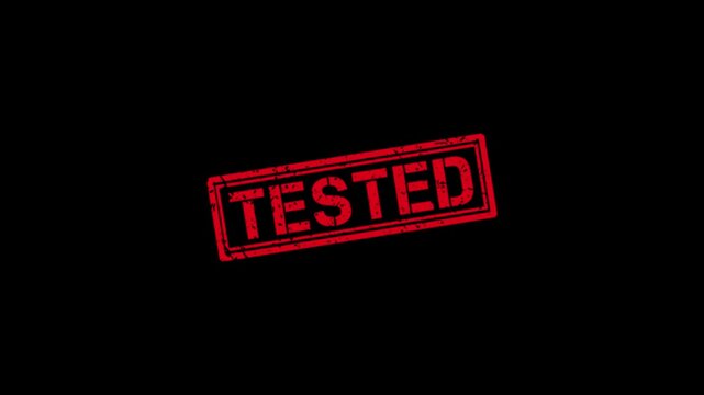 Red rubber stamp "tested" animation on black background, grunge texture control seal approved