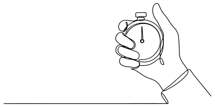 Hand holding stopwatch timer in minimalist continuous line art style symbolizing performance and speed tracking.