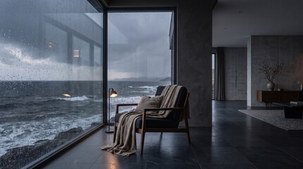 Fototapeta premium Cozy armchair in a minimalist room overlooking a stormy ocean view