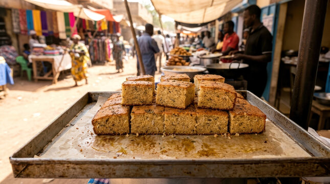 Freshly baked sweet coconut herb sponge cake squares displayed on a tray at a bustling street market.