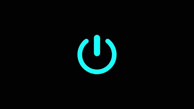 Neon cyan power button animation on black background, minimalist digital interface symbol glowing