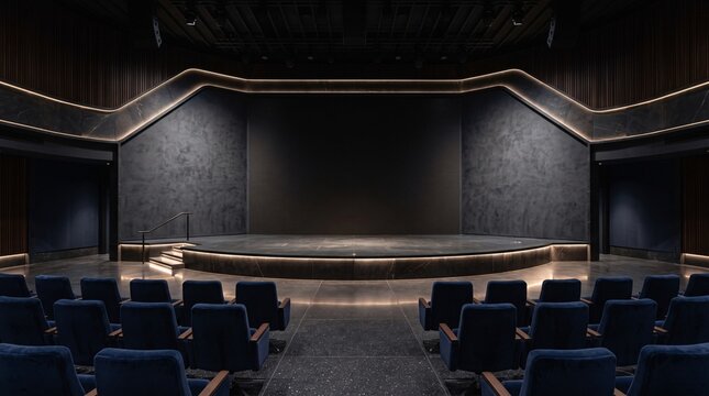 Modern Theater Stage in Dark Auditorium with Blue Velvet Seating