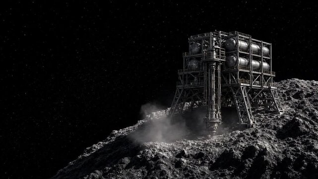 Futuristic Mining Rig Drilling a Rocky Asteroid in Space
