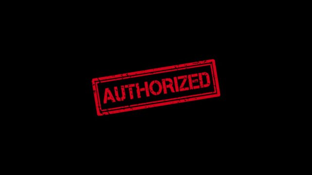 Authorized red rubber stamp effect animation on black background, for business approval, and security approved