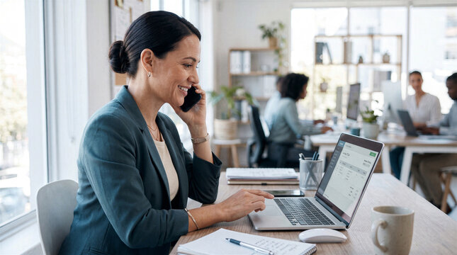 Businesswoman verifying invoice on laptop while calling in modern office.