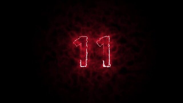 Text fire number count animation, Single Number made of Fire, Glowing neon 11 letter video motion design, black background & 4k video