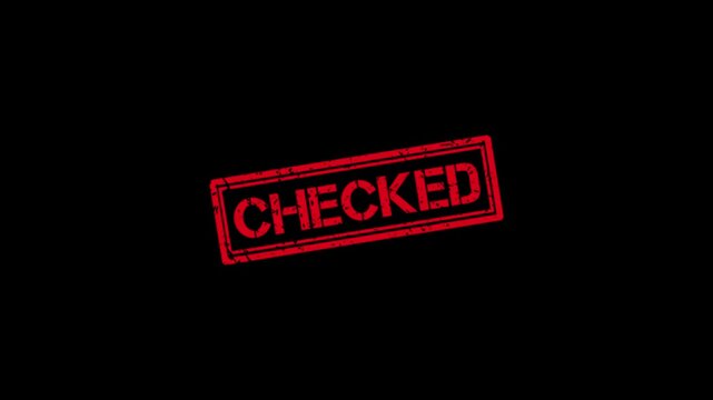 Red rubber stamp effect with checked text animation on black background, for control and, approval concepts