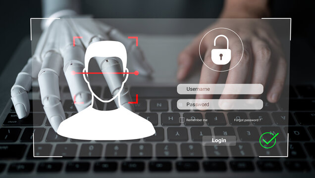Visual representation of cyber security showing a robotic hand reaching for a login screen on a laptop. Illustrates themes of technology, security, and innovation in the digital age. Cyphers