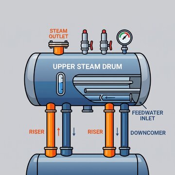 Industrial boiler upper steam drum diagram showing riser, downcomer, steam outlet, and feedwater inlet vector illustration