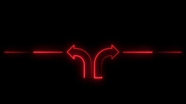 Neon red split arrow sign glowing on black background, directional choice concept, minimalist ui