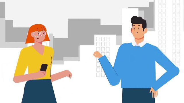 Animated business people fist bumping in an office environment with modern corporate building skyline in motion video