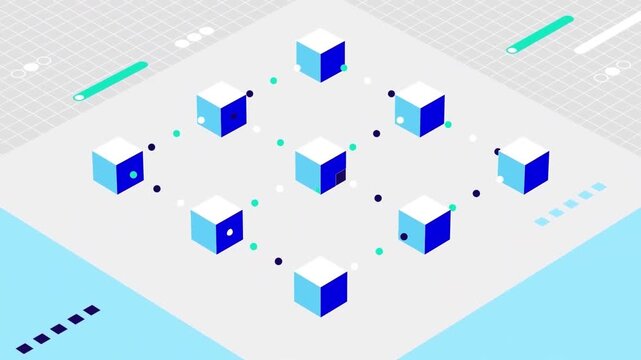 Abstract technology motion graphic featuring blue and white isometric cubes moving in a futuristic digital grid background animation clip