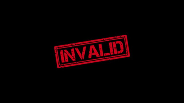 Red rubber stamp impression with invalid text on black background, grunge style motion