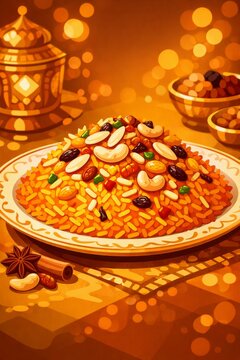 Festive spiced rice pilaf with nuts and dried fruit on a plate for holiday feast background and food menu or recipe design