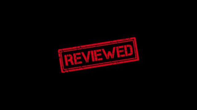 Red rubber stamp effect with reviewed text animation on black background, grunge