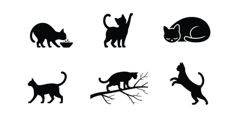 Obraz premium Set of six black solid silhouette icons of cats in various poses including eating, sitting, sleeping, walking, climbing a tree branch, and jumping